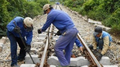 Công nhân Công ty quản lý đường sắt Quảng Bình thay 4.815 thanh tà vẹt bị hư hỏng.
